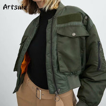 Load image into Gallery viewer, Artsnie Autumn 2020 Bomber Jacket Women Army Green Warm Zipper Pockets Winter Coat Female Jacket Parkas Femme Chaqueta Mujer