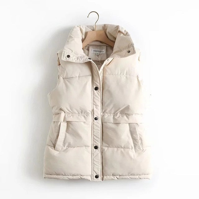 Autumn Winter Women's Solid Loose Vest Drawstring Stand Collar Long Vest Jacket  Cotton Padded Women's Windproof Warm Waistcoat