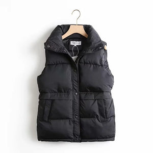 Autumn Winter Women's Solid Loose Vest Drawstring Stand Collar Long Vest Jacket  Cotton Padded Women's Windproof Warm Waistcoat