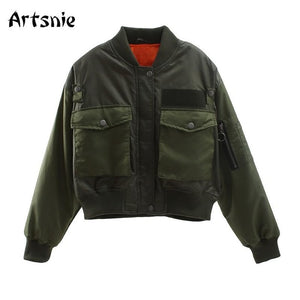 Artsnie Autumn 2020 Bomber Jacket Women Army Green Warm Zipper Pockets Winter Coat Female Jacket Parkas Femme Chaqueta Mujer