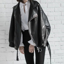 Load image into Gallery viewer, [EAM] High Quality 2021 Spring Black PU Leather Loose Turn-down Collar Zipper Fashion New Women&#39;s Wild Jacket LA938
