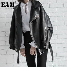 Load image into Gallery viewer, [EAM] High Quality 2021 Spring Black PU Leather Loose Turn-down Collar Zipper Fashion New Women&#39;s Wild Jacket LA938
