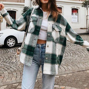 Winter Green Plaid Jacket Coat Women Streetwear Long Leeve Thick Wool Coat Fashion Pocket Oversized Lapel Autumn Shirts Coats