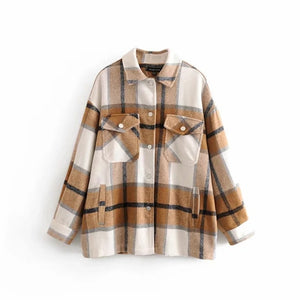 Winter Green Plaid Jacket Coat Women Streetwear Long Leeve Thick Wool Coat Fashion Pocket Oversized Lapel Autumn Shirts Coats